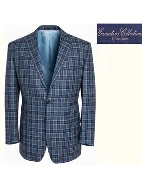 Tom James Executive Sport Coat Jacket Blue Plaid Wool Flannel 42L